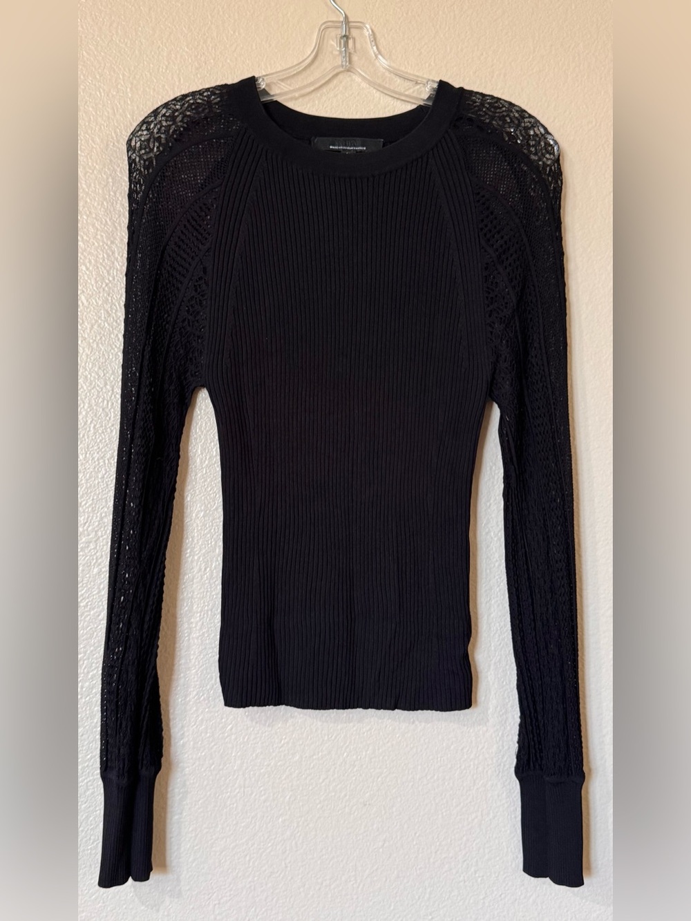 WHBM Black Ribbed Knit Sweater Lace Pointelle Raglan Sleeve Sz M
